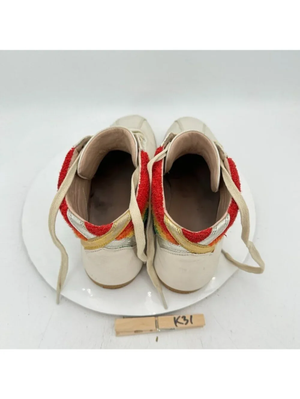 Gucci Men Sz UK 9.5D US 10 White Leather Lace Up Rainbow Heel Collar Mid Shoes